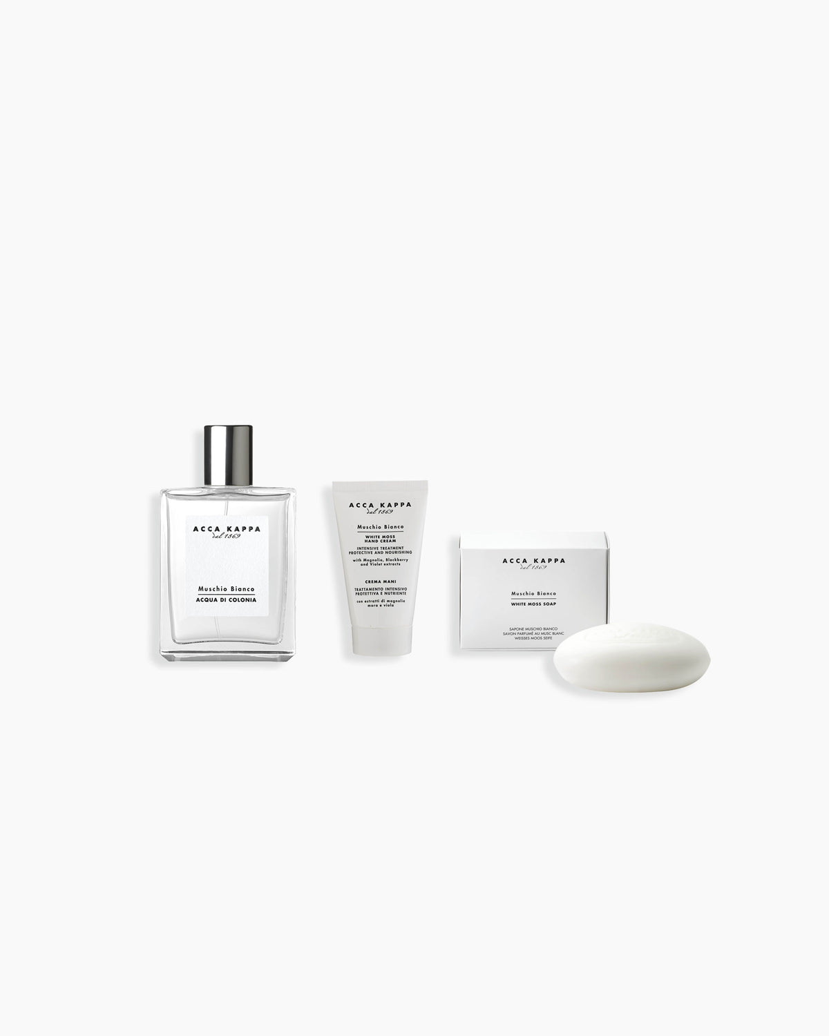 Ensemble cadeau White Moss - Eau de Cologne 100 ml, crème à mains et savon