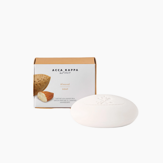 Acca Kappa almond soap bar with packaging on a white background